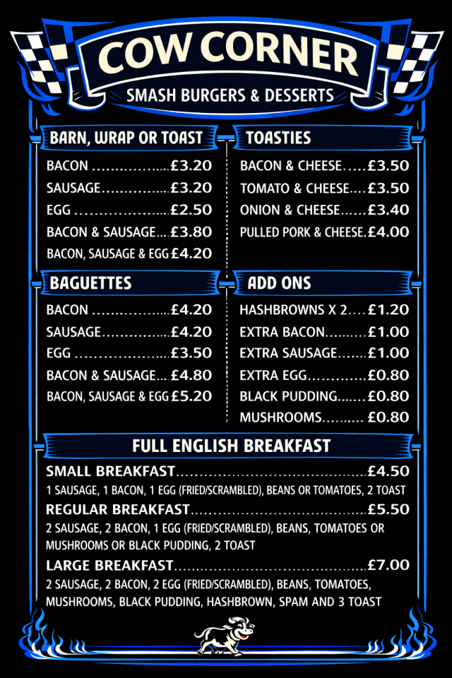 Cow Corner menu with breakfast options