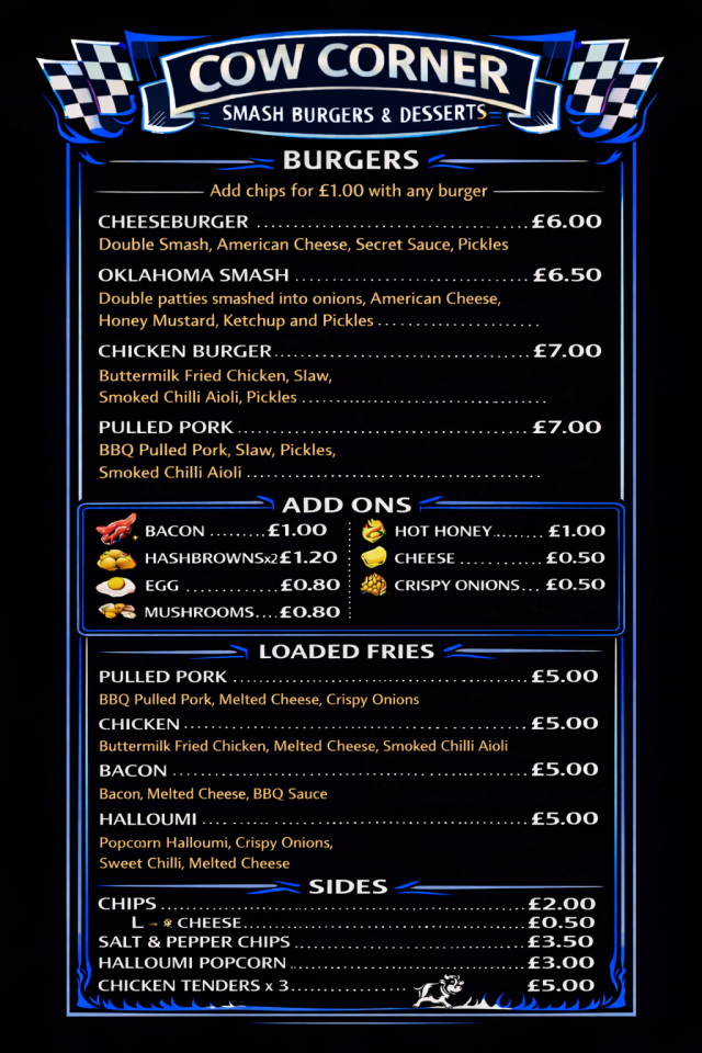Cow Corner menu with racing theme