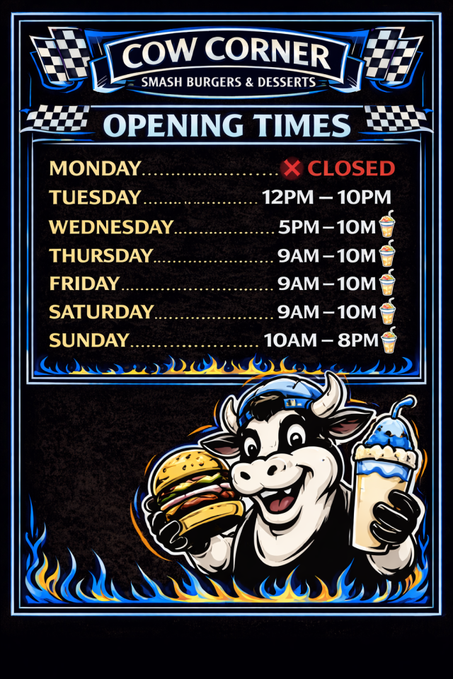 Cow Corner opening times and mascot
