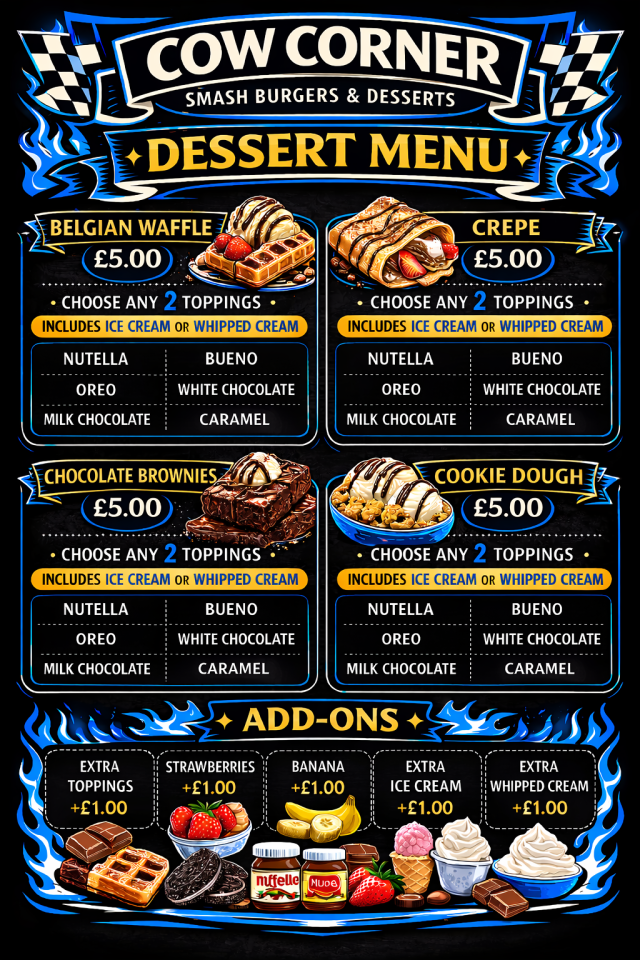 Smash burgers & desserts menu